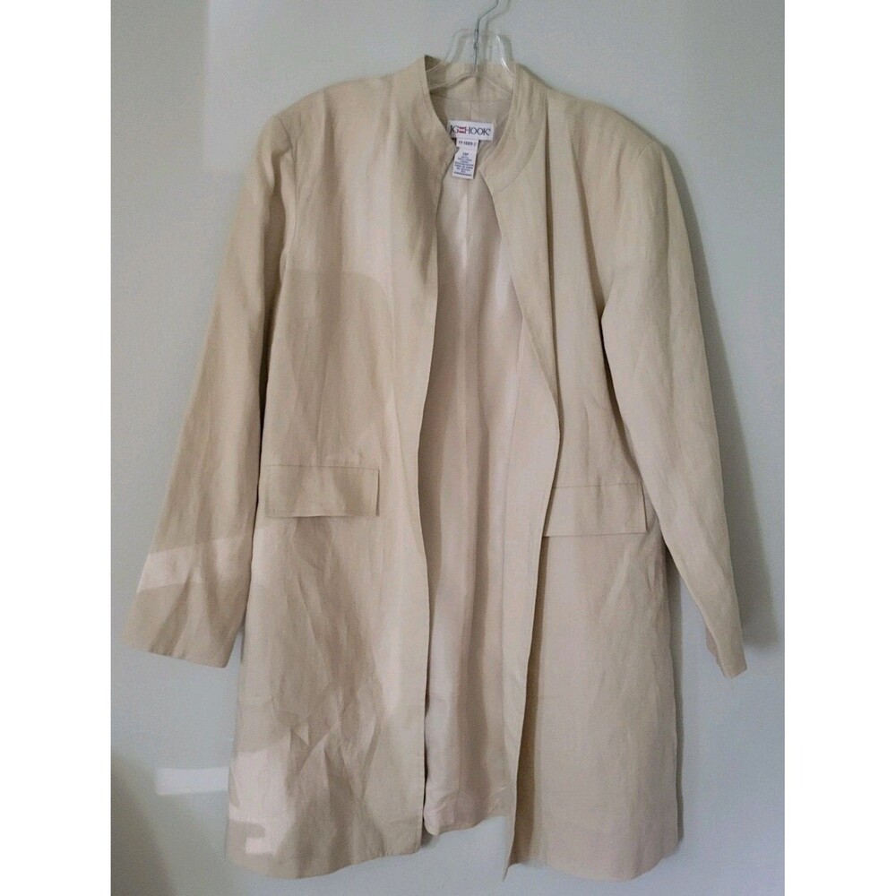 Size 14p Vintage JG Hook Linen  Beige Long Open Nehru Jacket Lined Side Slit